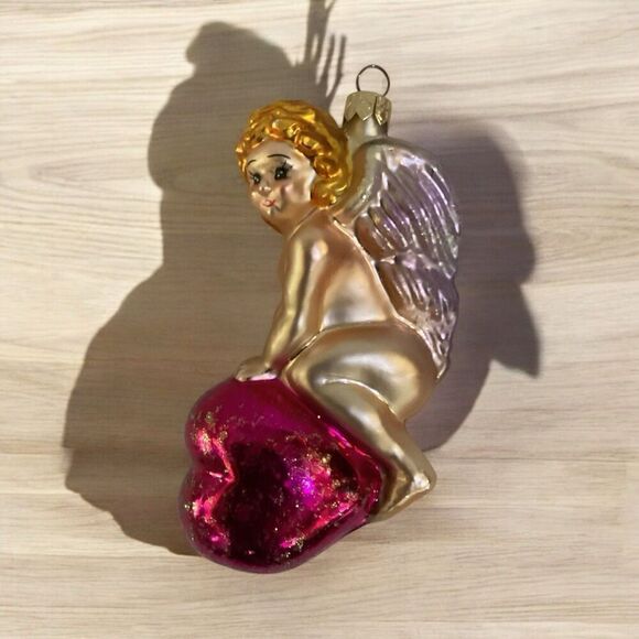 Vintage Christopher Radko 'Heart Ride' 1996 Blown Glass Cupid Angel Ornament - Picture 5 of 5
